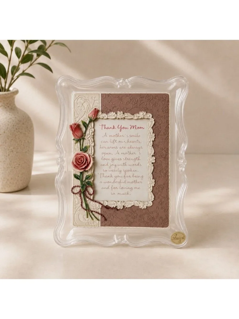 Thank You Mom Musical Frame Inspiration Rose Floral VTG Wind Beneath My Wings